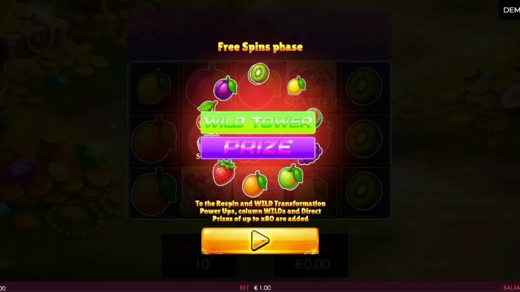 Tampilan visual slot Fruits Madness yang penuh dengan simbol buah-buahan cerah dan elemen karnaval.